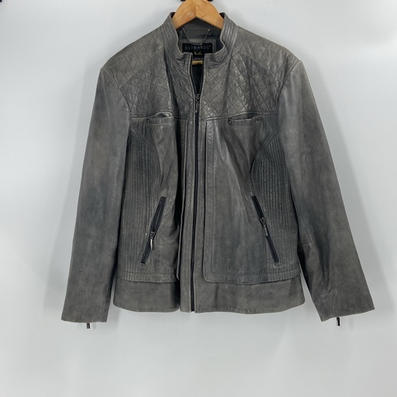 Bernardo leather grey metallic zip front jacket quilting look detail pockets - Picture 16 of 16